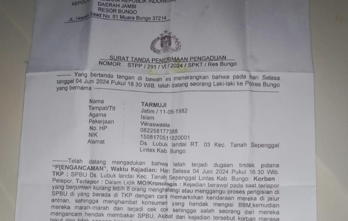 8 Orang Tidak Dikenal Diduga Ancam  Bakar SPBU Lubuk Landai Manager SPBU Resmi Lapor Pengancaman di Polres Bungo