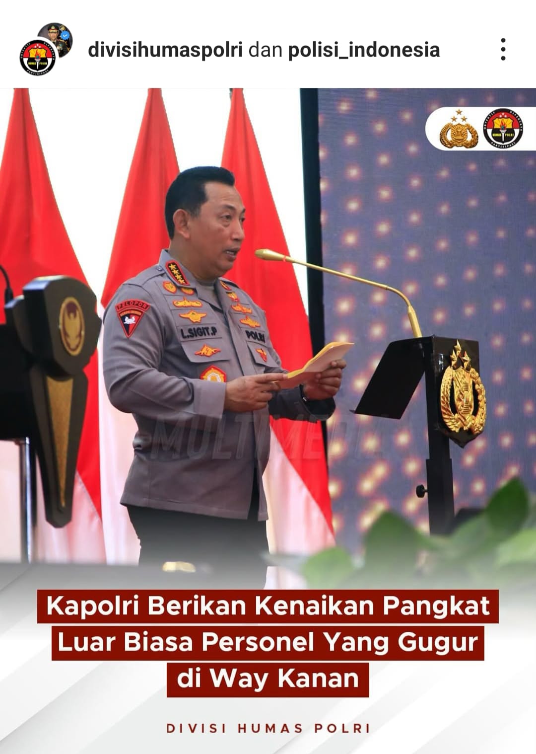 Kapolri Beri Kenaikan Pangkat Luar Biasa Kepada  Personel Yang Gugur Saat Grebek Judi Sabung Ayam Dilampung