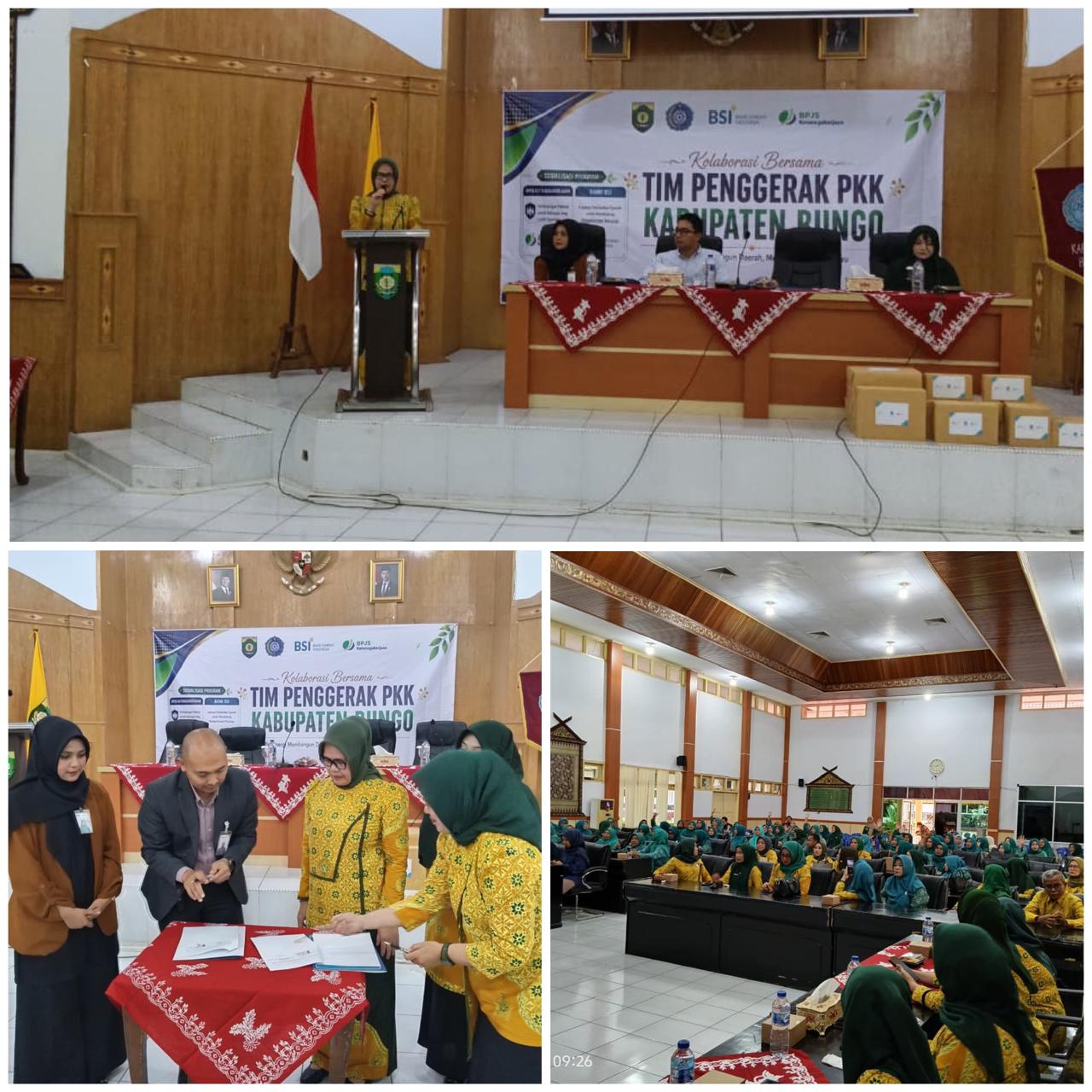 Perkuat Literisasi Jaminan Sosial Bagi Seluruh Kader PKK, TP PKK Kabupaten Bungo Gelar Sosialisasi Bersama BPJS Ketenagakerjaan dan Bank BSI Cabang Muara Bungo